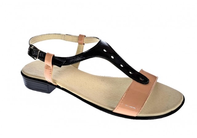 Sandale dama din piele naturala LAC, in combinatie de culori, nud cu negru, S16N-NUDLAC